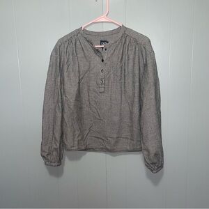 Gap Shirred Long Sleeve Houndstooth Checkered Black and White Henley Top Medium